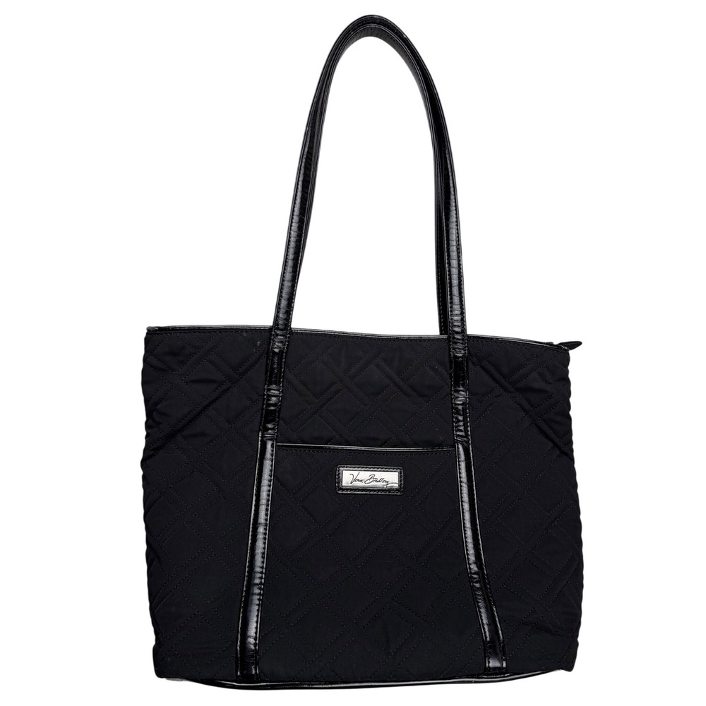 Vera Bradley Black Quilted Microfiber Tote Bag Patent Trim Shoulder Bag